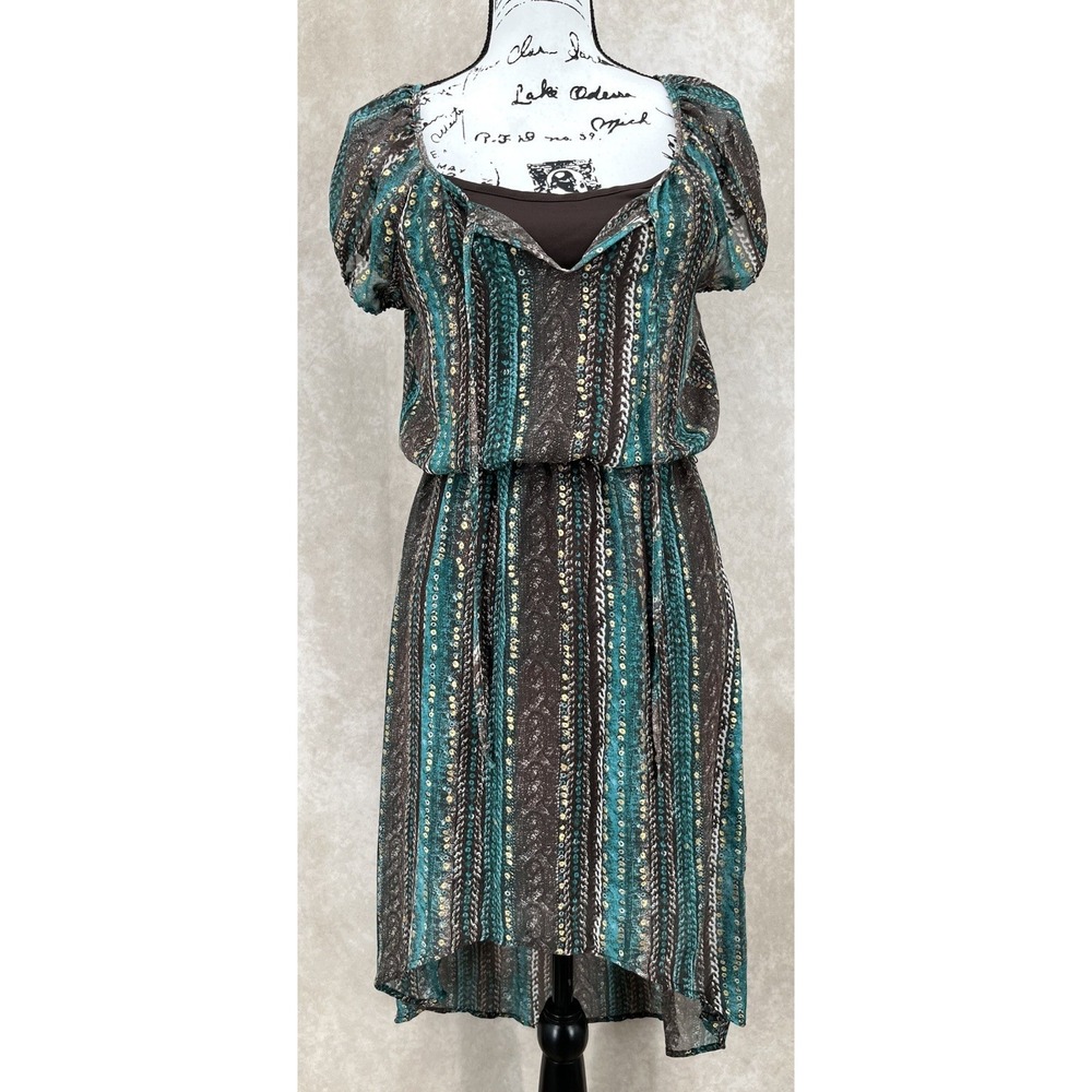 Maurices Boho Midi‎ Dress Size Small Teal Brown Sheer Striped Hi Low Flutter